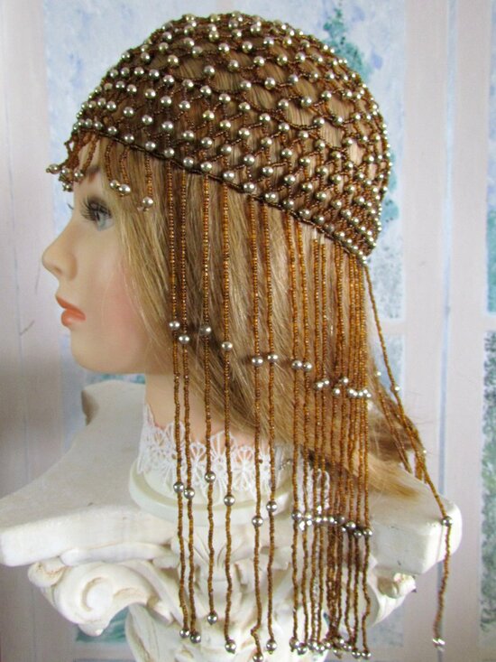 ROARING 20s BEADED CAP w LONG BEAD FRINGE + BEADED HEADBAND for FLAPPER COSTUMES main image 9